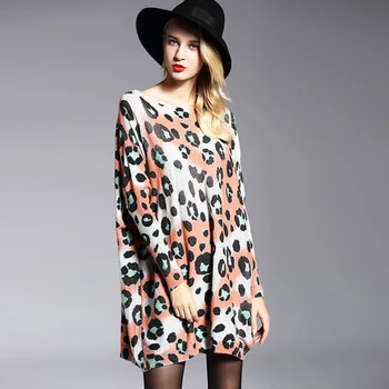 Mode til Kvinder at Strikke en Kjole Oversize Strik Trøje i Uld Trøjer Casual Lange Ærmer Leopard Printet Plus Size Trøjer 6119