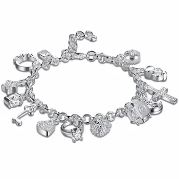 Mode-Trendy Smykker 925 ægte Sølv Farve Armbånd Star Månen Heart Lock Cross Nøglen Charms Armbånd 13 Vedhæng Pulseiras