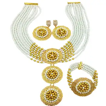 Mode White Crystal Beaded Afrikansk Bryllup Smykker Sæt Nigerianske Perler Halskæde til Kvinder 8C-3PH018