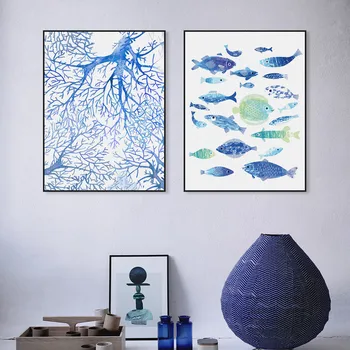 Moderne Nordiske Smuk Koral Fisk Ocean Store Lærred Kunst Print Plakat Abstrakt Væggen Billedet Maleri Stue Indretning Uden Ramme