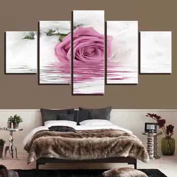 Modulær Ramme Lærred Kunst Udskriver Billeder, Stue 5 Panel Pink Rose Væg Maleri Hjem Dekoration Plakat Cuadros