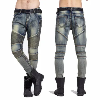 Moomphya Herre Skinny jeans mænd Banen Nødlidende elastisk slim jeans denim Biker jeans hip hop bukser Vaskes Plisserede jeans blå