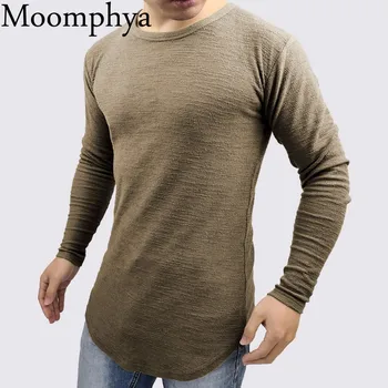 Moomphya Mænd Slim Fit t-shirt med Lange ærmer Rejst Tykke Linjer slub t-shirt Langline kurve hem hip hop tshirt streetwear Toppe