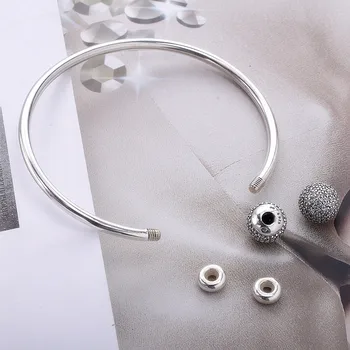 Moonmory Øjeblikke Sølv Open Bangle med Bane Caps S925 Sterling Sølv perle Armbånd med Klare Zircon For Kvinde Diy Smykker