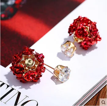 MOONROCY Gratis Fragt mode smykker, guld Farve, Rose rød lilla blå Krystal Øreringe til kvinder To-sides blomster gave