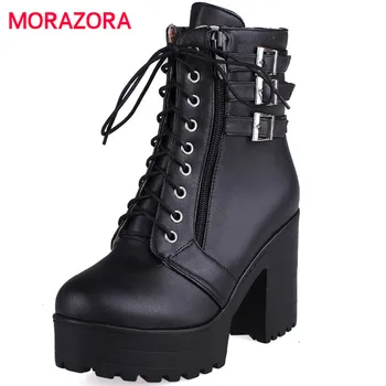MORAZORA Efteråret komfortabel platform høj hæl ankel støvler mode rund tå zip buckle solid PU læder dame støvler