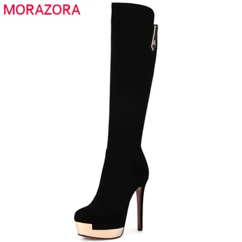MORAZORA Flok solid lynlås knæhøje støvler i efterår og vinter platform støvler kvinder høje hæle sko kvinde mode elegant