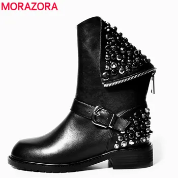 MORAZORA Høj kvalitet PU + ægte læder støvler med nitter-pladsen hæle efterår vinter ankle støvler sexet pels sne støvler, sko kvinde