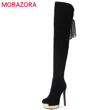 MORAZORA Spuer hæle sko kvinde over knæet støvler i efterår og vinter platform støvler kvindelige mode elegant flok solid