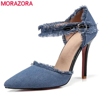 MORAZORA Størrelse 34-45 2018 nye mode spids tå kvinder pumper denim sommeren 10cm høje hæle sommeren damer kjole bryllup sko