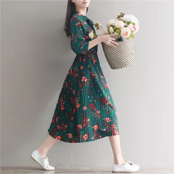 Mori Girl Style Vintage Retro Grøn Blomstret Lang Kjole 2018 Nye Foråret og Sommeren Kvinder Plisseret Chiffon Kjoler RE0252