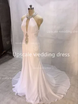 Mousserende Halterneck Havfrue brudekjoler til stranden brudekjoler til V-hals Hvid Chiffon Krystal Perler brude kjoler til bryllup party kjoler 2018