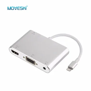 Moveski 7585C VGA Audio Adapter Omformer til Lightning til HDMI HD 1080P Kabel Plug & Play 3 i 1 til iPhone-serien