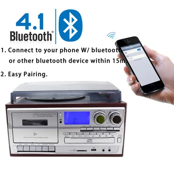 MPooling USB-Pladespiller LP Vinyl pladespiller, kassettebåndoptager CD-Afspiller 4.1 Bluetooth-AM/FM-Radio, Aux-in, PHONO Line-out