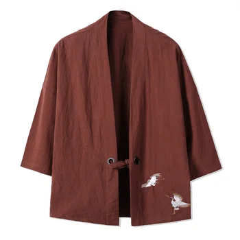 MRDONOO Kimono Kinesisk stil mænds retro tre kvart ærme cardigan jakke Han Kinesisk tøj løs store bomuld top