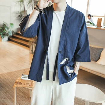 MRDONOO Kimono Kinesisk stil mænds retro tre kvart ærme cardigan jakke Han Kinesisk tøj løs store bomuld top
