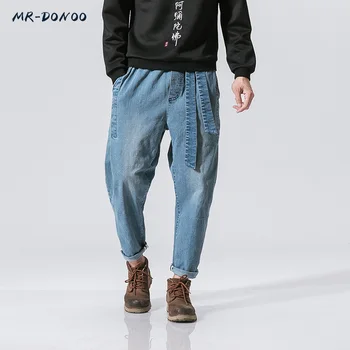 MRDONOO Mandlige løs fødder bukser Kinesiske vind at gøre den gamle retro vaskes løs talje jeans