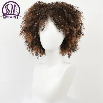 MSIWIGS Syntetisk Krøllet Paryk for Sorte Kvinder Naturlig Brun Farve Ombre Hair Soft Kort Afro Parykker med Bangs To Modeller