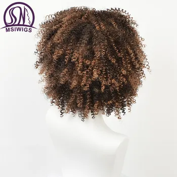 MSIWIGS Syntetisk Krøllet Paryk for Sorte Kvinder Naturlig Brun Farve Ombre Hair Soft Kort Afro Parykker med Bangs To Modeller