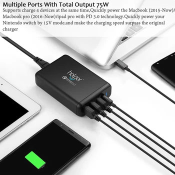 Multi-Port USB-Oplader 75W 4 Porte & Hurtig Opladning 3.0 Desktop Oplader Opladning Station med SmartIC Tech, USB Type-C