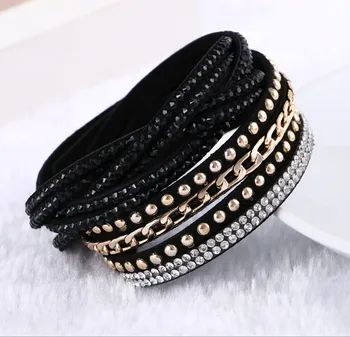 Multilayer Armbånd Diamante Rhinestone Korea Velvet Armbånd Justerbar Crystal Wrap Armbånd Kvinder Mode Smykker