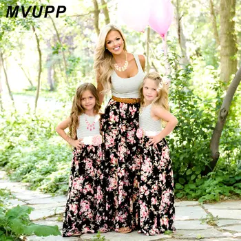 MVUPP mor og datter, tøj, Blomster familie kostumer stribet kjole til mor og datter ærmeløs mor og mig Søde kjoler