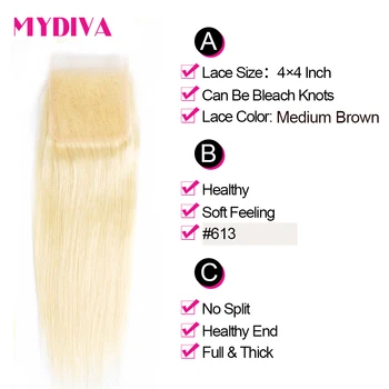 Mydiva Brasilianske Straight Hair Weave 613 Blonde menneskehår 3 Bundter Med Lukning Non Remy Hair Extension 10-24inch Gratis Skibet