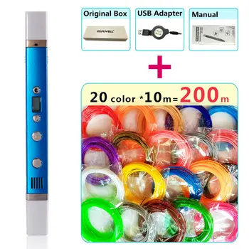 Myriwell 3d-pen + 20 Farve * 10m ABS filament(200m),3d-printer pen-3d magic pen,Bedste Gave til Børn,Støtte mobile strømforsyning,