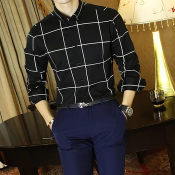 Mænd ' s Long-Sleeve Bold Ind Plaid Button-Down Skjorte Ikke-lomme strygefri Behagelig Blød Bomuld Slim-fit Kjole Skjorte