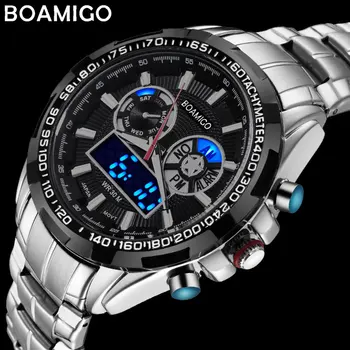 Mænd sport ure militære stål digital ur Lysende hånd kvarts ur 2017 BOAMIGO sølv gave 30m vandtæt armbåndsure
