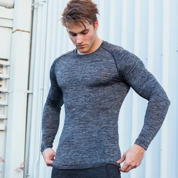 Mænd Tynde Lange ærmer t-shirt Fitnesscentre Bodybuilding Trænings-og Super-elastiske shirts mandlige Motionsløber træning Sportstøj tee toppe tøj