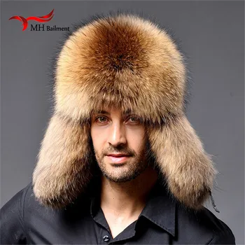 Mænd vinteren pels hat i ægte læder bomer pels hat for mænd øre beskytte vaskebjørn pels hætte, varm, god kvalitet vinter hat M#1