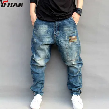 Mænds Jeans Plus Size Elastisk Løs Tilspidset Harem Jeans Åndbar Bomuld Denim Jeans Baggy Jogger Casual Bukser M-6XL
