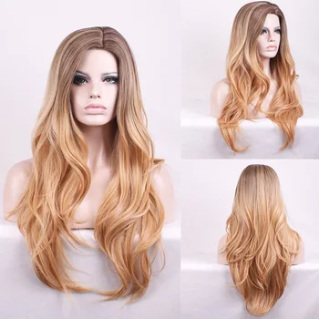 Mørke rødder blond brun ombre hår parykker varmeandige syntetiske parykker lang bølget paryk kvinde sort grå paryk gradient WoodFestival
