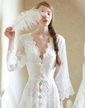 Nattøj Sexet Lang Nattøj Hvide Blonder Vintage Prinsesse Kjole Middelalderlige Natkjole i Europæisk stil Palace Robe Smuk Vestidos