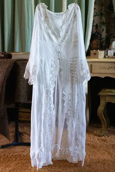 Nattøj Sexet Lang Nattøj Hvide Blonder Vintage Prinsesse Kjole Middelalderlige Natkjole i Europæisk stil Palace Robe Smuk Vestidos