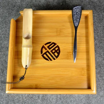 Naturlig Bambus TeaTray + Teske + Teaknife Puer Te Bord For At Vise Kinesisk Te Ceremoni Værktøjer Tilbehør