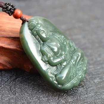 Naturlige Mørke Grøn HETIAN Nephrite Buddha Vedhæng 3D Skåret Guanyin Bodhisattva Skytshelgen Halskæde Mænd Jade Smykker