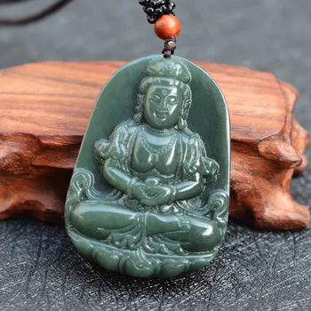 Naturlige Mørke Grøn HETIAN Nephrite Buddha Vedhæng 3D Skåret Guanyin Bodhisattva Skytshelgen Halskæde Mænd Jade Smykker