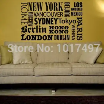 New York, London, Paris Citerer wall sticker World City Navne Vinyl vægoverføringsbillede kunst DIY hjem, kontor indretning , gratis fragt