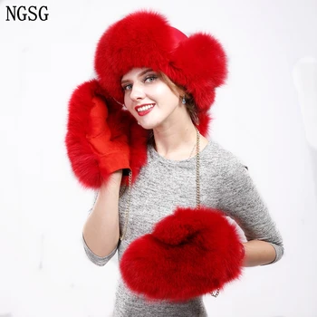 NGSG Kvinder Fox Fur Handsker Solid Red Fox Ægte Læder Foret Aftagelig Kæde Vinter russiske Skole Studerende Pige Handsker SF13060