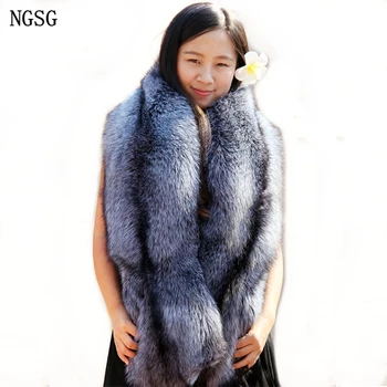 NGSG Kvinder Ægte, Naturlig Silver Fox Fur Sjaler Krave Super Luksus 140 cm Ægte Ræv Pels Tørklæde Cape Mænd For Kærlighed Gav