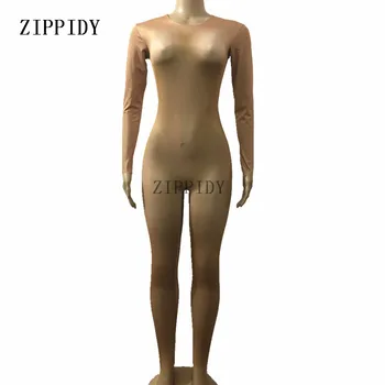 Nude Tynde Bodysuit Sexede Leggings Kostume i Ét stykke danseforestilling Bære Kvindelige Sanger Fase Store Stræk Buksedragt