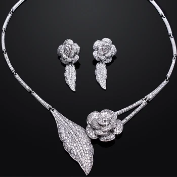 Ny Blomst Kvinder bryllup Smykker Sæt indstilling CZ sten luksus 2stk smykker sæt ( halskæde + øreringe ) Gratis forsendelse