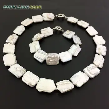 NY form perle barok keishi halskæde armbånd sæt hvide farve ægte ferskvandsperler stor størrelse Rektangel form dobbelt knob
