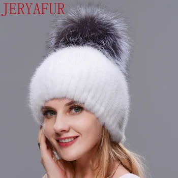 Ny græskar hat vand mink og ræv pels syninger gør ægte pels silver fox strikket liner hat russiske kvindelige vinter pels hat