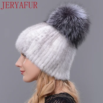 Ny græskar hat vand mink og ræv pels syninger gør ægte pels silver fox strikket liner hat russiske kvindelige vinter pels hat