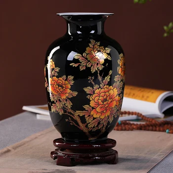 Ny Kinesisk Stil Vase Jingdezhen Sort Porcelæn, Krystal Glasur Blomstervaser Home Decor Håndlavet Skinner Famille Rose Vaser