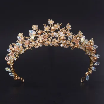 Ny Mode Storslåede Pearl Krystal Bridal Crown Tiaras Classic Gylden Diadem tiaras for Kvinder Bruden Bryllup Hår Tilbehør