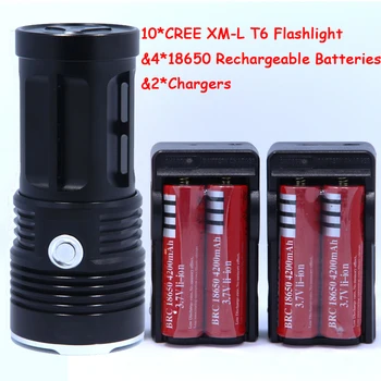 Nye 20000 lumen High Power 10T6 LED 10 x CREE XML T6 LED Lommelygte Torch Lamp Light Lanterner med 4*Batterier & 2*Opladere